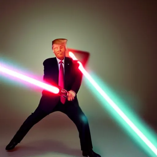Prompt: real photo of donald trump brandishing a red light saber