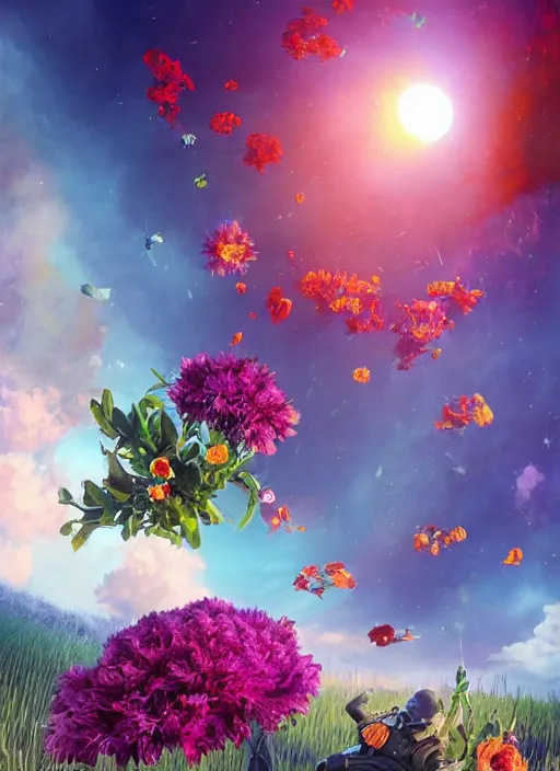 Image similar to An epic fantastic realism comic book style painting of the most beautiful flowers launched into space, bouquets, solar eclipse, fisheye, unreal 5, DAZ, hyperrealistic, octane render, dynamic lighting