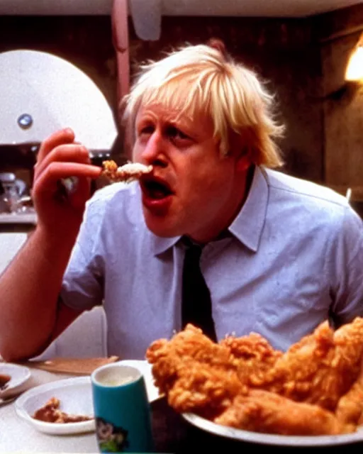 Prompt: film still close - up shot of boris johnson eating fried chicken from the movie monty python's the meaning of life. photographic, photography