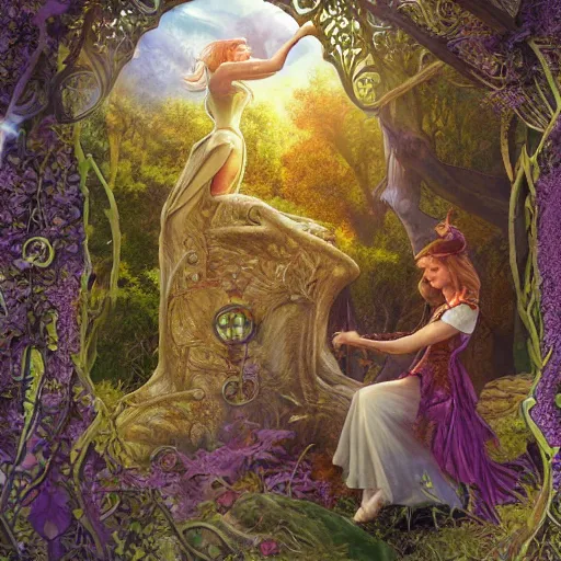 Image similar to realistic detailed view of neverland by emilia dziubak, will terry, greg olsen, chris mars, ann long, and mark brooks, fairytale, female, feminine, art nouveau, illustration, character concept design, storybook layout, story board format