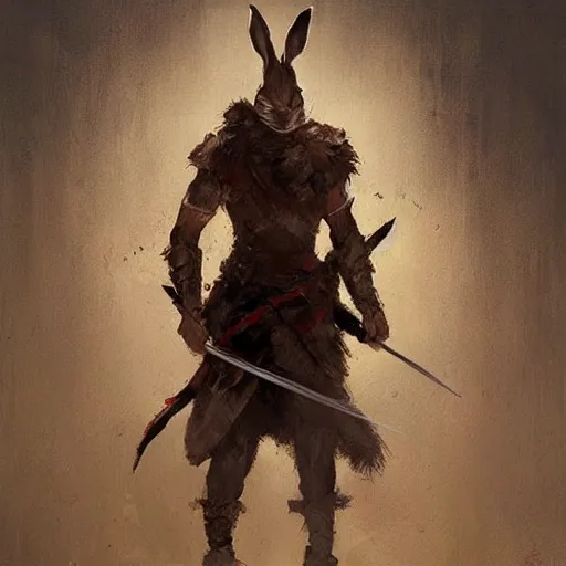 Prompt: anthropomorphic rabbit ancient warrior - swordsman, brush strokes, oil painting, greg rutkowski