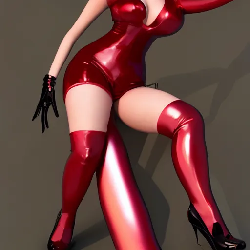 Image similar to a feminine curvy young hot succubus wearing a regal red-silver-gold-black latex-nylon outfit, dark eyeshadow, eyelashes, cgsociety, photorealistic, sublime-hyperadvanced-amorous ambience, 16k, smooth, sharp focus, trending on ArtStation, volumetric lighting, fully clothed, thin waist