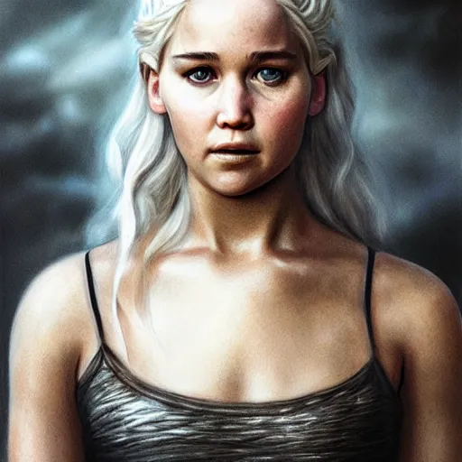 Image similar to portrait of the daughter of daenerys targaryen and jennifer lawrence as a young woman, hyperdetailed, hyperrealism.