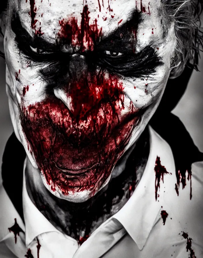 Image similar to a really creepy photography of joker the batman nemesis, hyper realistic, ultra detailed, portrait photo, black background, horror, blood