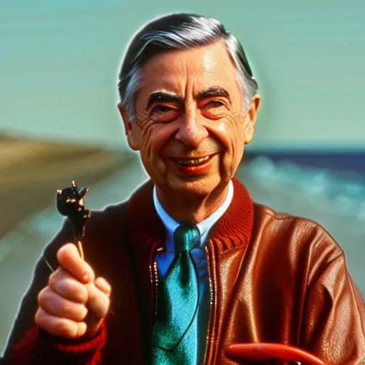 Prompt: color still of fred rogers with facial tattoos riding a motorcycle wearing a leather jacket and smoking at the beach, bright sunny day