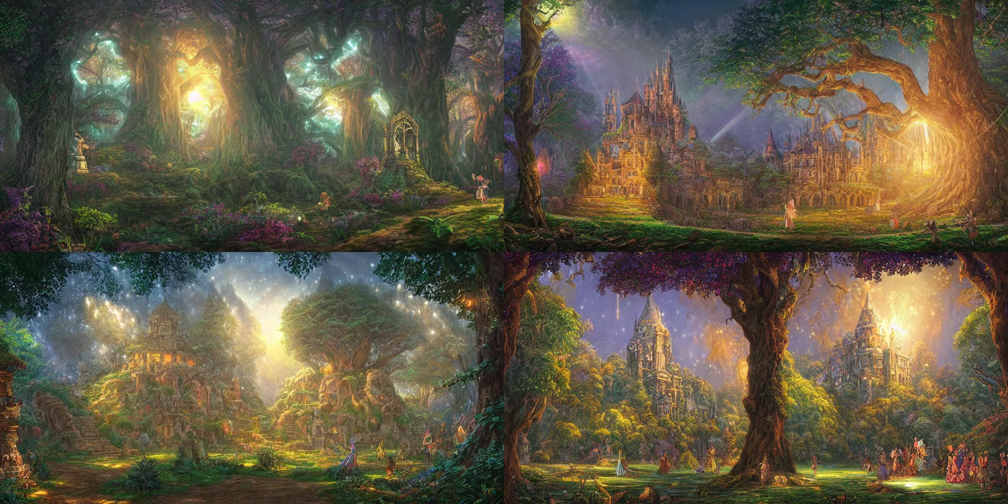 Prompt: monumental castle in a magical forest with tall trees and statues of ancient goddesses, whimsical, fairy tale, legend of mana, hyper realistic, volumetric lighting, sunshafts, dan mumford, thomas kinkade