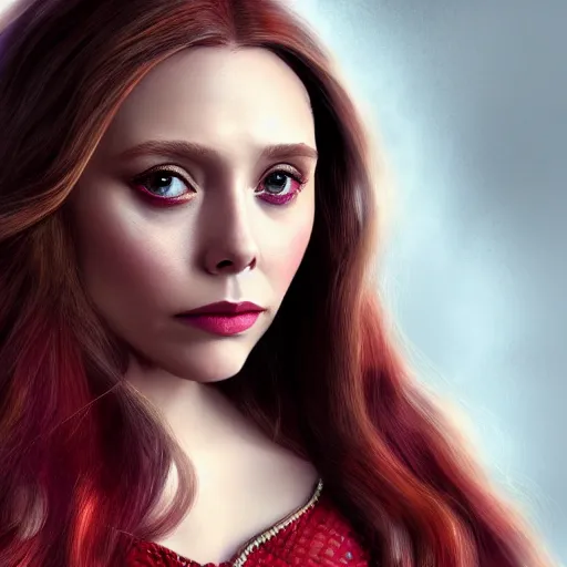 Prompt: Elizabeth Olsen as the Scarlet Witch, Elizabeth Olsen wearing Scarlet Witch attire and makeup, photorealistic imagery, trending on artstation, 4k, 8k