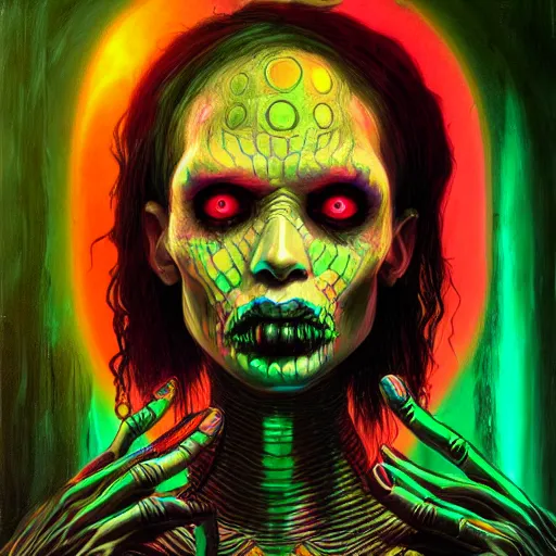 Image similar to a death tarot featuring a haitian voodoo priestess with menacing eyes, blacklight neon colors, by anton semenov and android jones in cyberpunk voodoo style, oil on canvas, 8k