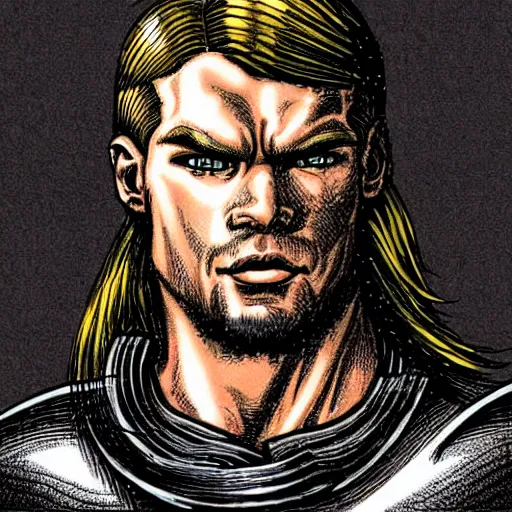 Image similar to a portrait of a medieval knight drawn in the style of jim lee. the knight has the face of chris hemsworth with a short beard and short blonde hair.