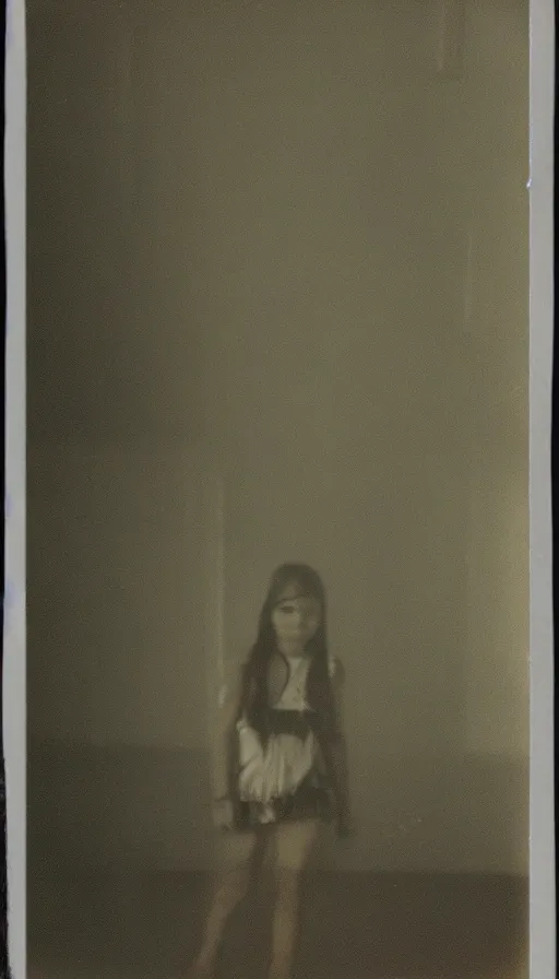 Image similar to found polaroid photo of a girl floating in a dark hallway, possessed