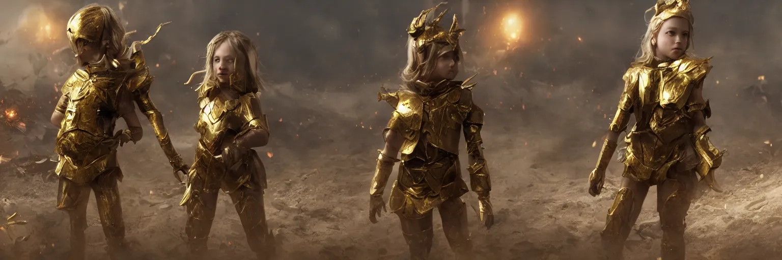 Image similar to a single young girl wearing a gold armor standing in a battlefirld, surrounded by dead bodies, extremely realistic and highly detailed 8 k, sharp focus, octane render, dramatic volumetric lighting and extremely realistic faces