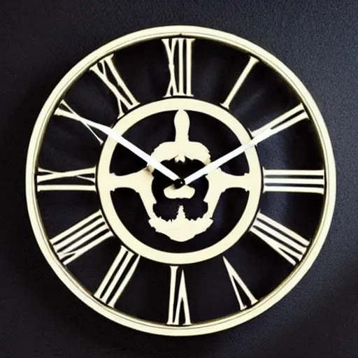 Prompt: a beautiful clock made from skull and bones