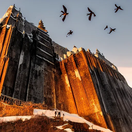 Image similar to photograph of an intimidating and mysterious cathedral built into the side of a Himalayan mountain at a high elevation, designed by I.M. Pei and Giger, cinematic lighting, dramatic masterpiece, magic hour, vultures flying in sky