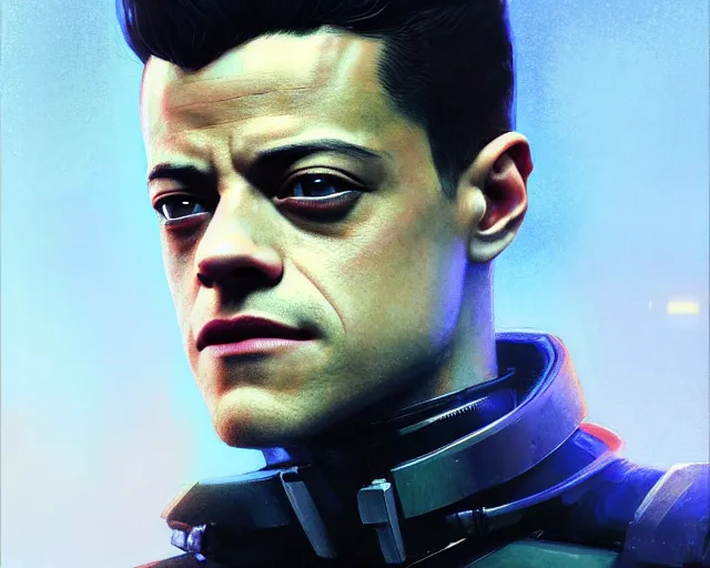 Image similar to highly detailed portrait of rami malek as an android, in detroit : become human, stephen bliss, unreal engine, fantasy art by greg rutkowski, loish, rhads, ferdinand knab, makoto shinkai and lois van baarle, ilya kuvshinov, rossdraws, tom bagshaw, global illumination, radiant light, detailed and intricate environment