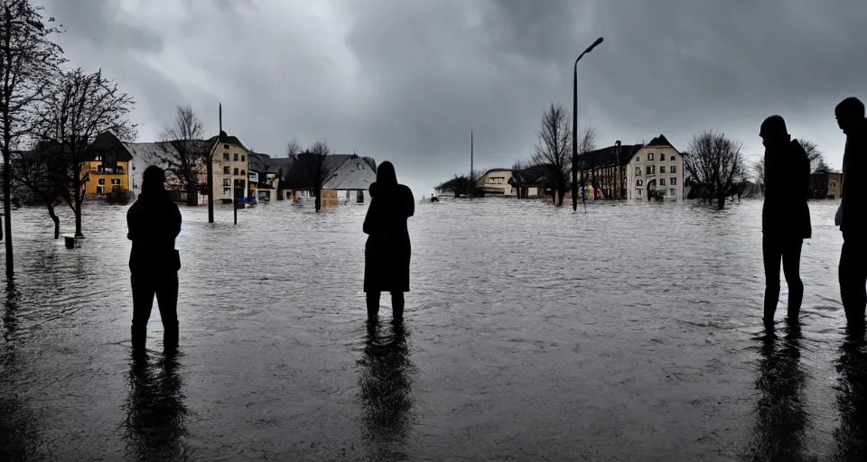 Image similar to the silhouette of 4 people standing in front of a small german town that's being flooded, stormy weather, moody lighting, medium full shot