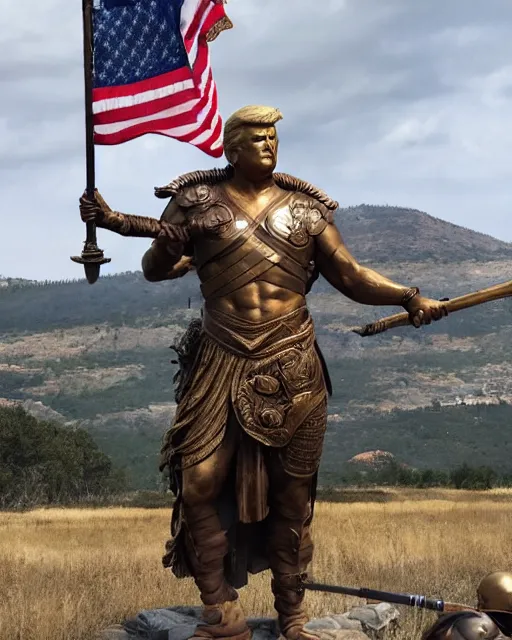 Image similar to a gigantic 1 0 0 0 foot bronze statue of a president donald trump holding his spear and shield, god of war, fantasy landscape, thousands of tiny onlookers, photorealistic, atmospheric