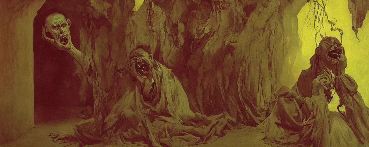 Image similar to vintage color footage contorted exaggerated melodramatic exorcism scared priest, wide open mouth in terror, crying figures inside mental hospital by zdzisław beksinski and alphonse mucha, ( ( ( ( ( ( ( makoto shinkai raphael lacoste martin deschambault finnian macmanus artstationhq iamag