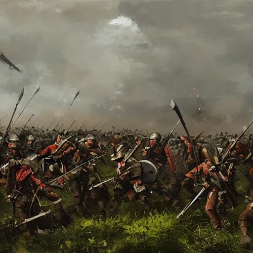 Prompt: two armies prepare for battle in the style of Jakub Rozalski
