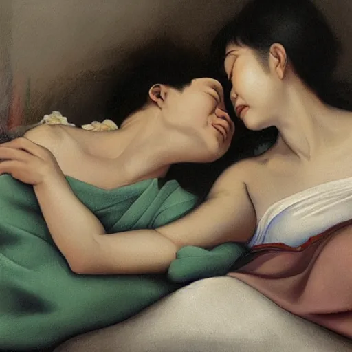 Prompt: An ultradetailed oil painting of Tsai Ing-wen and Nancy Pelosi lying in bed, kissing, by Michelangelo, 4k