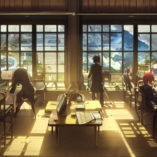 Prompt: interior of banana mafia office, anime fantasy illustration by tomoyuki yamasaki, kyoto studio, madhouse, ufotable, square enix, cinematic lighting, trending on artstation