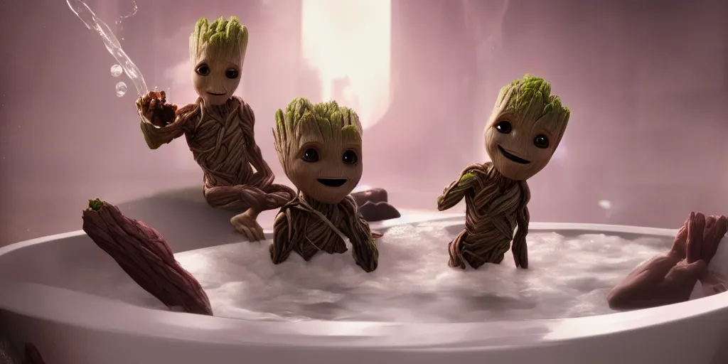 Prompt: Baby Groot sitting in a tub taking a bubble bath, hyperdetailed, artstation, cgsociety, 8k