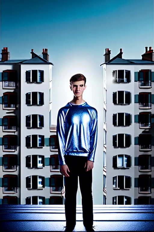 Image similar to un ultra high definition studio quality photographic art portrait of a young man standing on the rooftop of a british apartment building wearing soft padded silver pearlescent clothing. three point light. extremely detailed. golden ratio, ray tracing, volumetric light, shallow depth of field. set dressed.