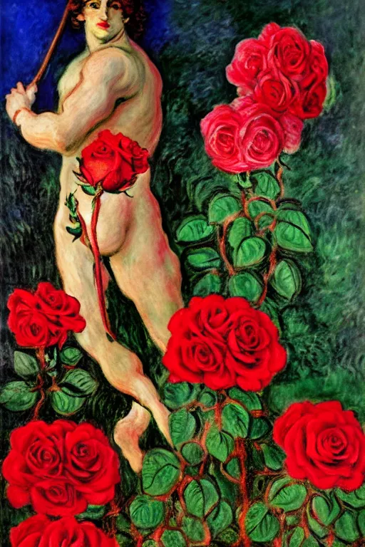 Image similar to the greek god hermes marched forward among the roses, monet, musha, oil painting style, large beautiful pale pink roses and deep red roses