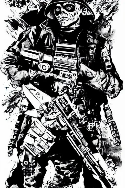 Image similar to a paranormal soldier, ouija tattoo on face, emp weapons strapped in shoulders, horror sci - fi black and white, art by kevin eastman