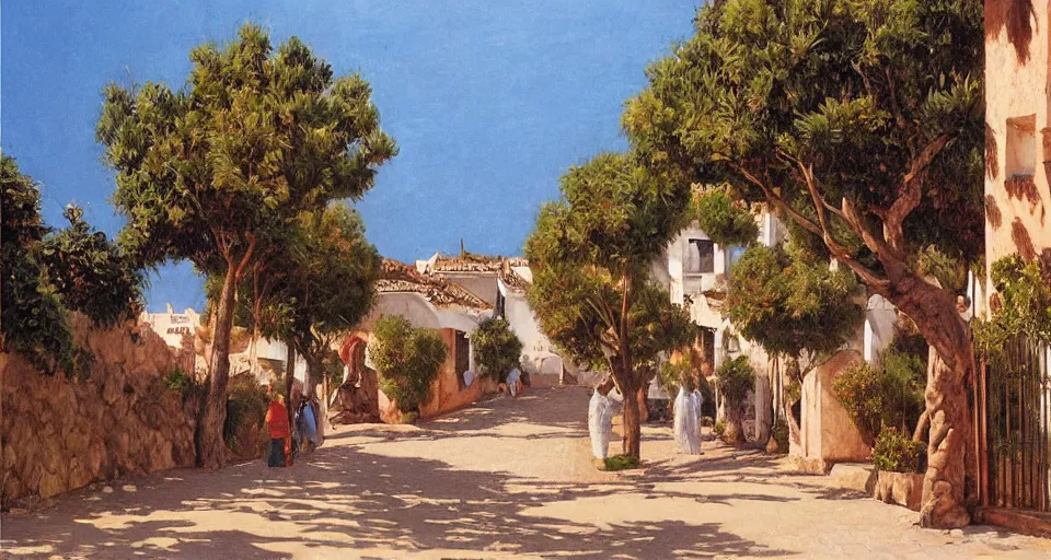 Prompt: Ted Nasmith painting of a Marbella city street landscape