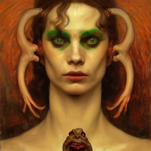 Prompt: goetic demon taking a selfie | highly detailed oil painting, hyperrealistic, very intrincate, detailes face | cinematic lighting, award - winning | by roberto ferri, gustav klimt, william waterhouse and tom bagshaw | by austin osman spare and william blake, trending on artstation, cgsociety, official art, octane.
