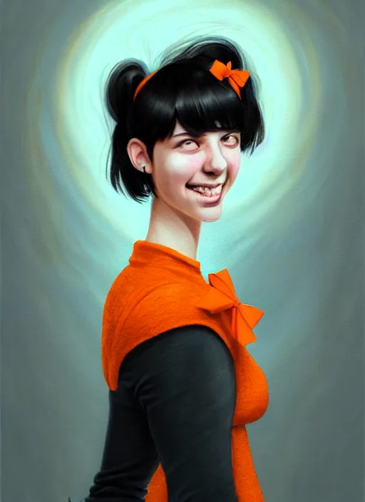 Image similar to portrait of high school girl, realistic, black hair, bangs, half updo hairstyle, pointy nose, skinny, smile, ugly, defined jawline, big chin, orange hair bow, earrings, intricate, elegant, glowing lights, highly detailed, digital painting, artstation, sharp focus, illustration, art by wlop, mars ravelo and greg rutkowski