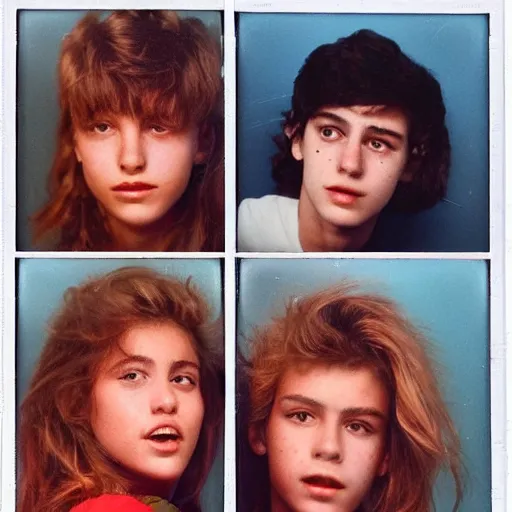 Image similar to French teenagers in the 80's, flash color polaroid, detailed realistic faces