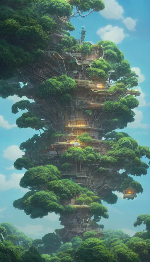 Image similar to A highly detailed matte painting of huge sector v treehouse by Studio Ghibli, Makoto Shinkai, by Artgerm, by beeple, by Greg Rutkowski, volumetric lighting, octane render, 4K resolution, trending on artstation, masterpiece