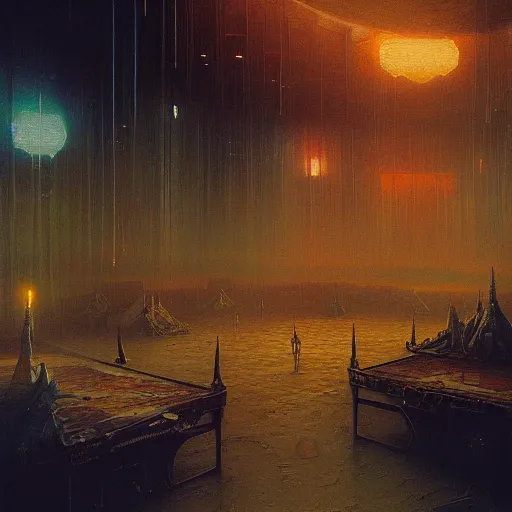 Image similar to detailed painting of bladerunner interior room with celestial ephemeral ornaments and african architecture, artstation, beksinski, cinematic