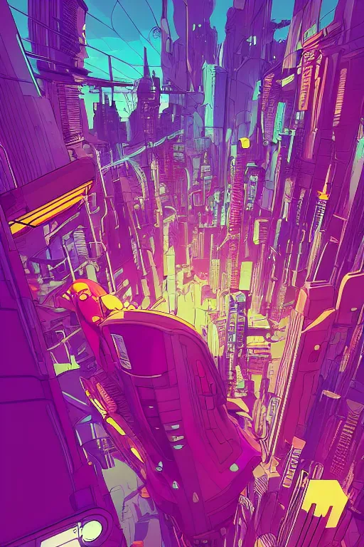 Image similar to astronaut cyberpunk surreal upside down city, neon lights, sharp edges, flat colors, cell shaded by moebius, Jean Giraud, trending on artstation