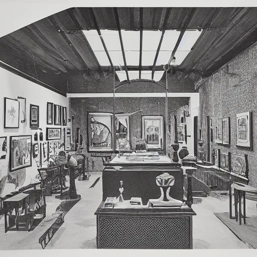 Image similar to A black and white screen print of gallery exhibition view from the 60s, anthropology, colonial, wild, exotic, artifacts, pedestal, ethnography, screen printing