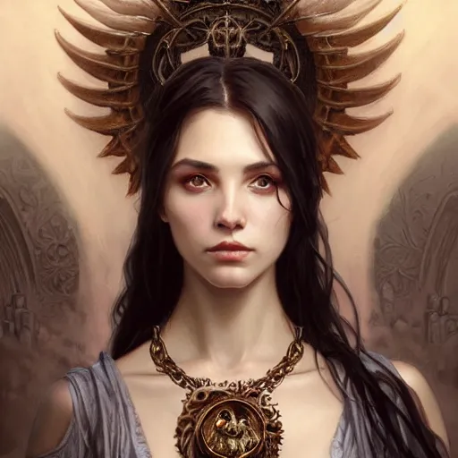 Prompt: Portrait of a young female necromancer wearing a necklace with small bird skulls, epic dark fantasy, medium shot, intricate, elegant, highly detailed, digital painting, artstation, concept art, smooth, sharp focus, illustration, art by artgerm and greg rutkowski and alphonse mucha