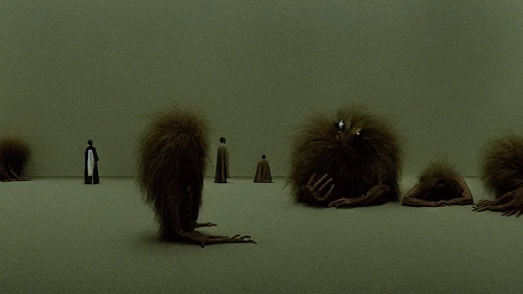 Image similar to the strange creature from my eye, we wait in line at the bank, film still from the movie directed by denis villeneuve and david cronenberg with art direction by salvador dali and zdzisław beksinski, wide lens