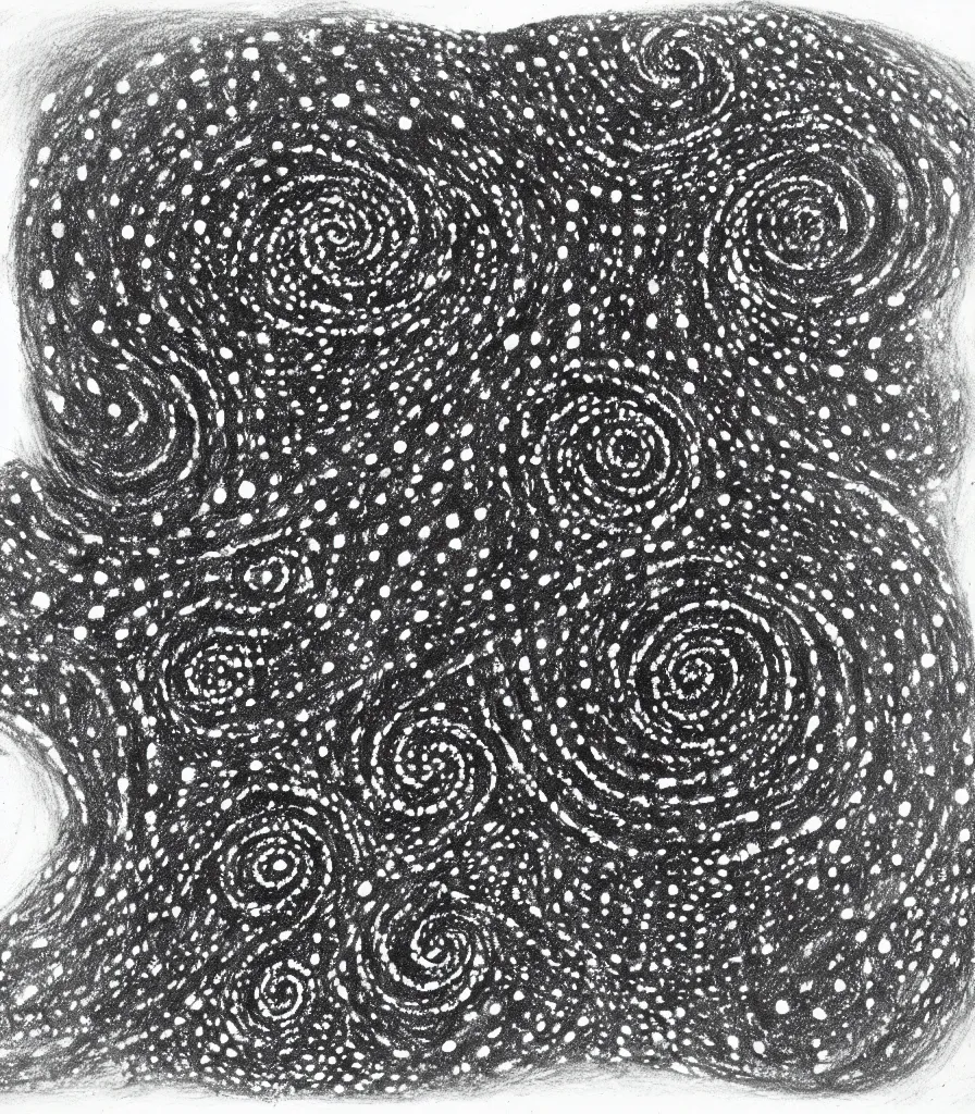 Prompt: a painting of two black, symmetrical, spiral galaxies, pointilism, rough charcoal sketch, black dots