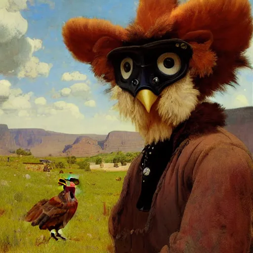 Image similar to wild west portrait of furry anthro anthropomorphic chicken head animal person fursona wearing clothes in the valley, sunny day, digital art by Nerdrum John, William Waterhouse, Winslow Homer, Alex Heywood, Jordan Grimmer, Darren Quach, Greg Rutkowski, Simon Stalenhag, trending on Artstation, CGSociety