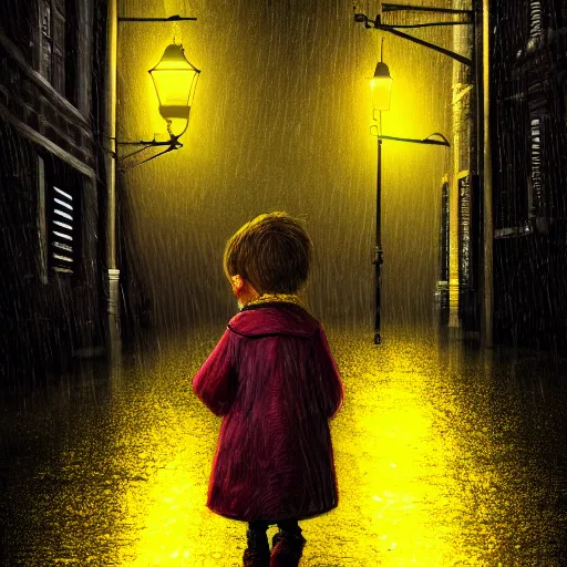 Image similar to A small child a yellow rain coat walking alone in a dark alley,it is raining heavily, scary atmosphere,gloomy lighting, digital art , highly detailed , high contrast, beautiful lighting, award winning , trending on art station, 8k, photo realistic