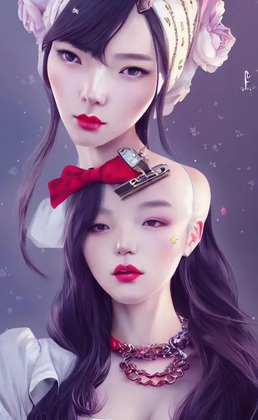 Image similar to a pin up and beautiful fashion charming dreamlke korea girl with lv jewelry, character art, art by artgerm lau and kyoung hwan kim and and ilya kuvshinov and john singer sargent, hyperdetailed, 8 k realistic, symmetrical, frostbite 3 engine, cryengine, dof, trending on artstation, digital art