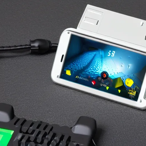 Prompt: the new Amstrad smartphone with joysticks, packshot photo