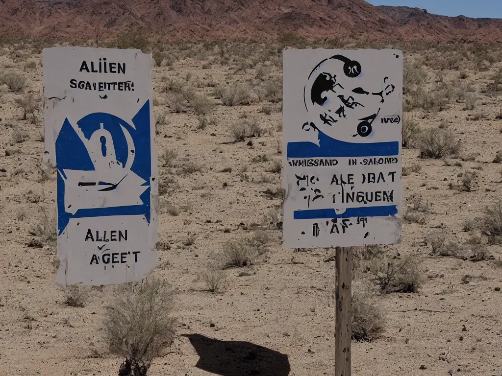 Prompt: alien danger sign in the desert