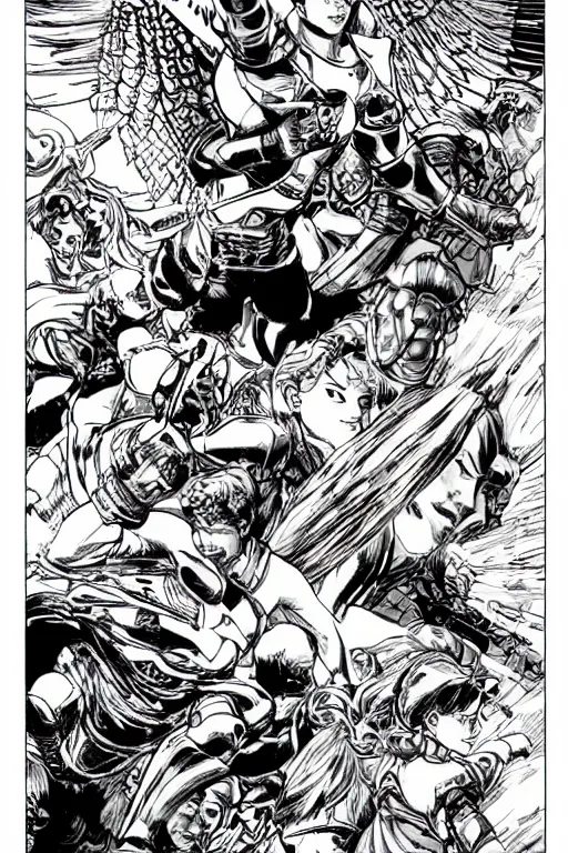 Image similar to guardian angel by jack kirby and akihiko yoshida