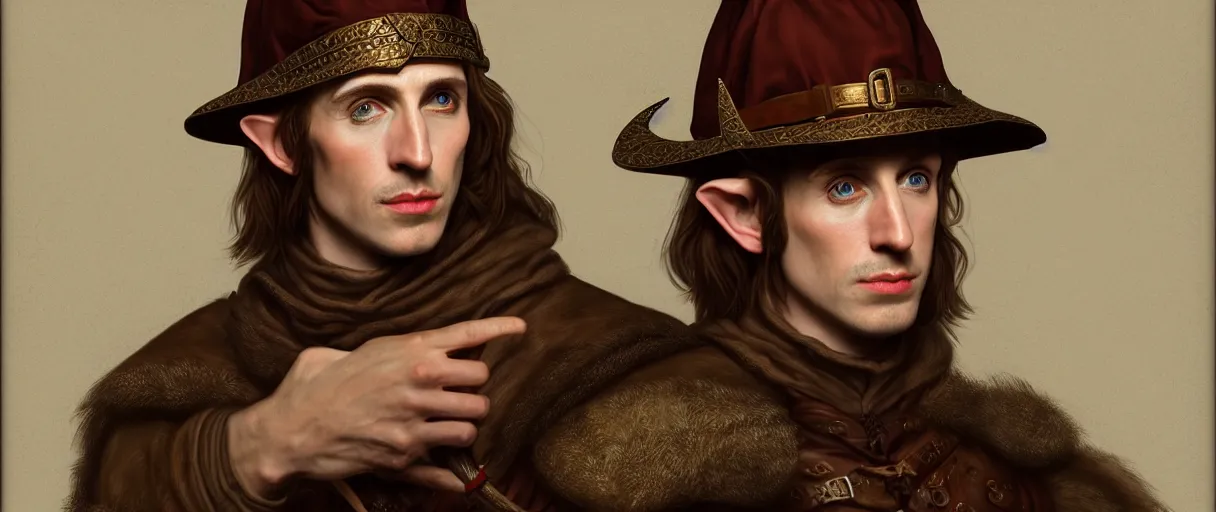 Image similar to hyperrealist highly detailed english medieval portrait of a very handsome half-elf bard, wearing a hat and expensive clothes, concept art pascal blanche dramatic studio lighting 8k wide angle shallow depth of field