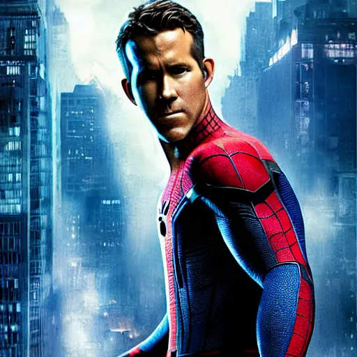 Image similar to ryan reynolds as spider - man, wearing a black and blue suit, cinematic, volumetric lighting, f 8 aperture, cinematic eastman 5 3 8 4 film, photorealistic by greg rutkowski, by stanley artgerm, by alphonse mucha