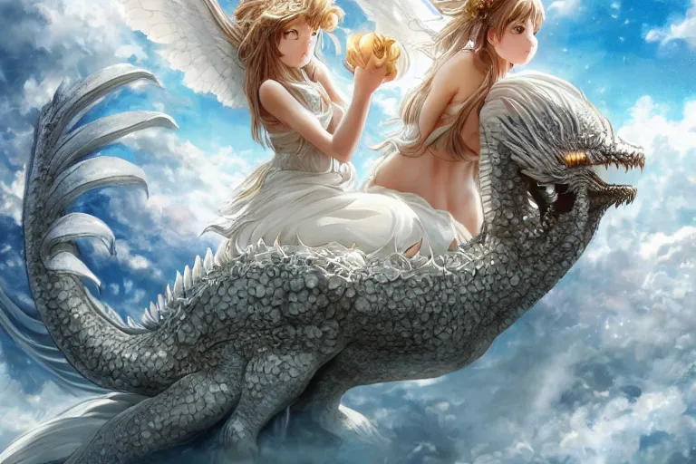 Prompt: the beautiful hyper detailed big scene portrait render that a beautiful girl sitting on the back of a huge silver white dragon alone in fairyland surrounded by white clouds, finely detailed angelic face delicate features, style of studio ghibli, makoto shinkai, artgerm, karol bak, kazuki tanahashi, james jean, ross tran, xision, ultra wide angle