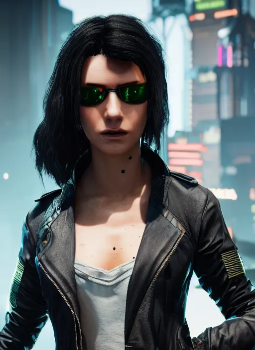 Image similar to black haired woman in a trench coat in a black cyberpunk 2 0 7 7, full body, intricate, highly detailed, face enhance, realistic