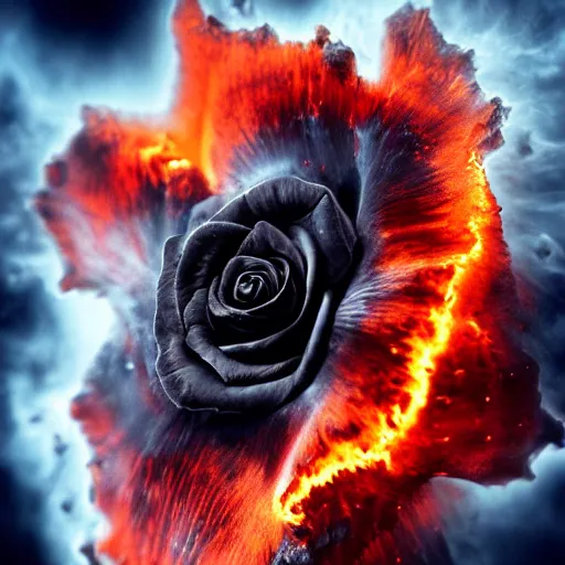 Image similar to outstanding, award - winning macro of a beautiful black rose made of fiery molten magma and stunning nebula clouds on vantablack background by harold davis, georgia o'keeffe and harold feinstein, highly detailed, hyper - realistic, mysterious inner glow, trending on deviantart, artstation and flickr, nasa space photography, national geographic